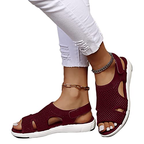 ticticlily Damen Sandalen Flach Klettverschluss Bequem Sandaletten Sommer Vintage Elegant Schuhe Leichte Walkingschuhe Stretch Fly Woven A Weinrot 36 EU von ticticlily