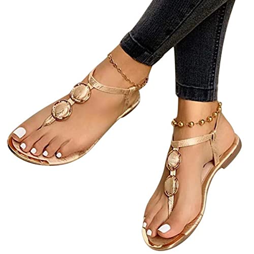 ticticlily Damen Sandalen Flach Römische Elegant Slide Sandalen Flip Flop Flache Sandalen Mode Sommer Slipper Strandsandalen Leicht Atmungsaktiv Sommerschuhe A Gold 37 EU von ticticlily