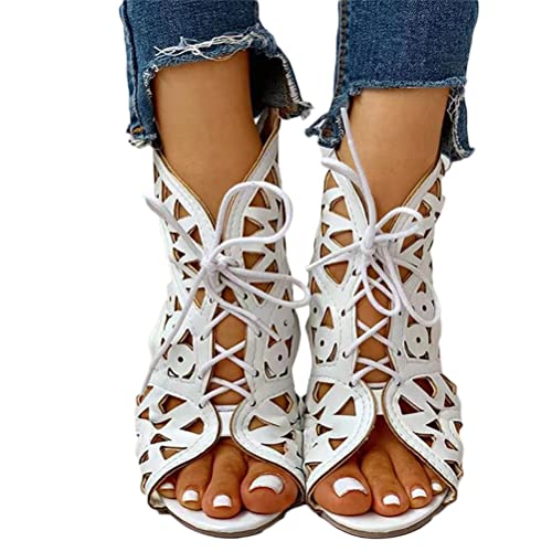 ticticlily Damen Sandalen Keilabsatz Sandaletten Hohl Retro Peep Toe Cross Strap Abendschuhe Frauen Schuhe Casual Elegant Sommer Strandschuhe Freizeitschuhe A Weiß 37 EU von ticticlily