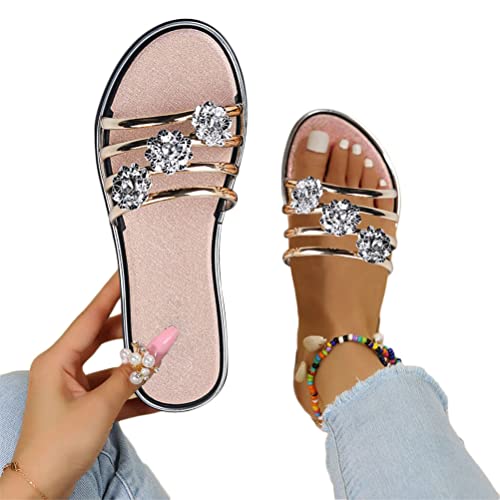 ticticlily Damen Sandalen Sommer Schlappen Lässige Flache Schuhe Slippers mit Strasssteinen Flat Heel Elegant Freizeit Römersandalen Peep Toe Flip Flop Strandsandalen B Gold 36 EU von ticticlily