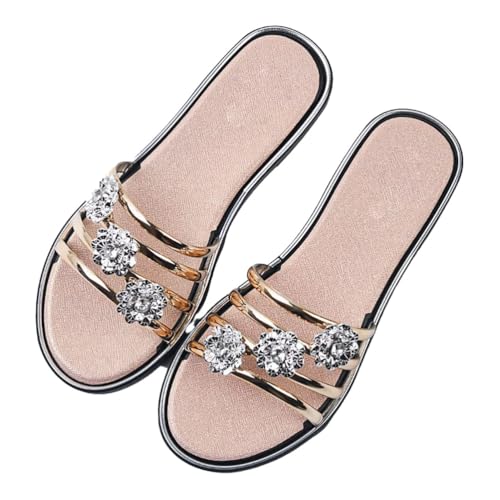 ticticlily Damen Sandalen Sommer Schlappen Lässige Flache Schuhe Slippers mit Strasssteinen Flat Heel Elegant Freizeit Römersandalen Peep Toe Flip Flop Strandsandalen B Gold 39 EU von ticticlily