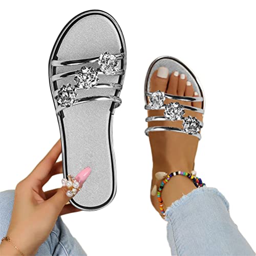 ticticlily Damen Sandalen Sommer Schlappen Lässige Flache Schuhe Slippers mit Strasssteinen Flat Heel Elegant Freizeit Römersandalen Peep Toe Flip Flop Strandsandalen B Silber 38 EU von ticticlily