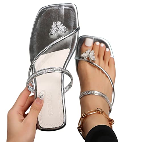 ticticlily Damen Sandalen Sommer Schlappen Lässige Flache Schuhe Slippers mit Strasssteinen Flat Heel Elegant Freizeit Römersandalen Peep Toe Flip Flop Strandsandalen C Silber 38 EU von ticticlily