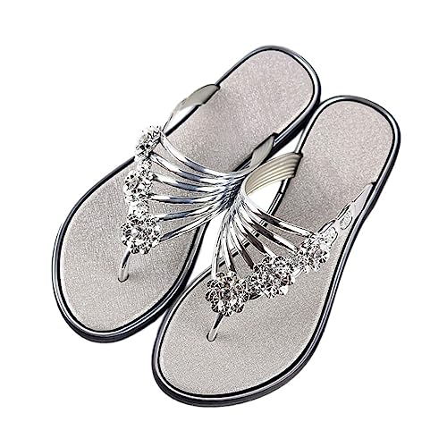 ticticlily Damen Sandalen Sommer Schlappen Lässige Flache Schuhe Slippers mit Strasssteinen Flat Heel Elegant Römersandalen Peep Toe Flip Flop Strandsandalen A Silber 41 EU von ticticlily