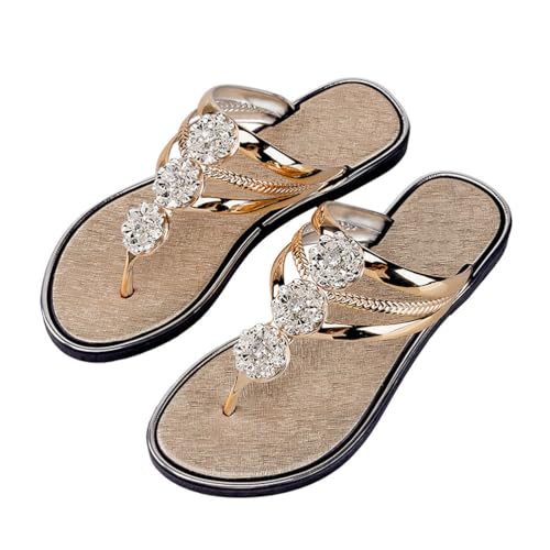 ticticlily Damen Sandalen Sommer Schlappen Lässige Flache Schuhe Slippers mit Strasssteinen Römersandalen Peep Toe Flip Flop Strandsandalen H Gold 41 EU von ticticlily