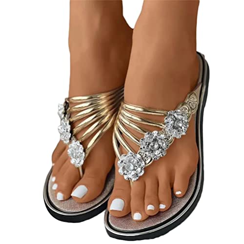 ticticlily Damen Sandalen Sommer Schlappen Lässige Flache Schuhe mit Strasssteinen Flat Heel Elegant Freizeit Römersandalen Peep Toe Flip Flop A Gold 39 EU von ticticlily