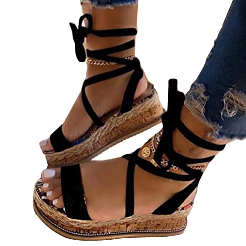 ticticlily Damen Sandalen Sommer Schnürsenkel Peep Toe Platform Pantoletten Sandalen Espadrilles Römer Strand Sandalen Schwarz 40 EU von ticticlily