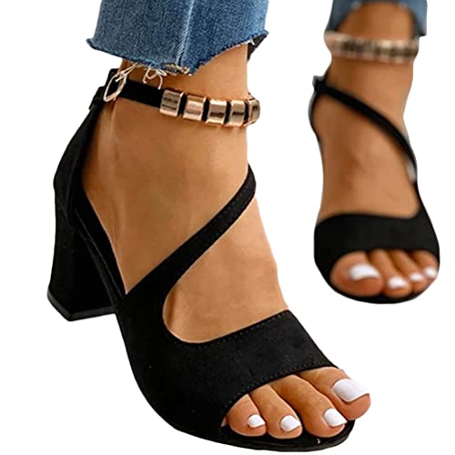 ticticlily Damen Sandalen mit Absatz Elegant Blockabsatz Sandaletten Fischmaul Sommerschuhe High Heels Sandals Elegant Römersandalen Schnalle Große Größe Abendschuhe A Schwarz 42 EU von ticticlily