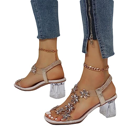 ticticlily Damen Sandalen mit Absatz Strass Glitzer Hausschuhe Slip On Keilsandalen Slippers Sandalette mit Blockabsatz Plattform Pumps Retro Plateau Schuhe Sommer Strandschuhe A2 Beige 42 von ticticlily