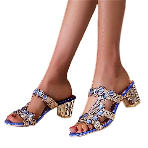 ticticlily Damen Sandalen mit Absatz Strass Glitzer Hausschuhe Slip On Keilsandalen Slippers Sandalette mit Blockabsatz Plattform Pumps Retro Plateau Schuhe Sommer Strandschuhe B Blau 36 von ticticlily