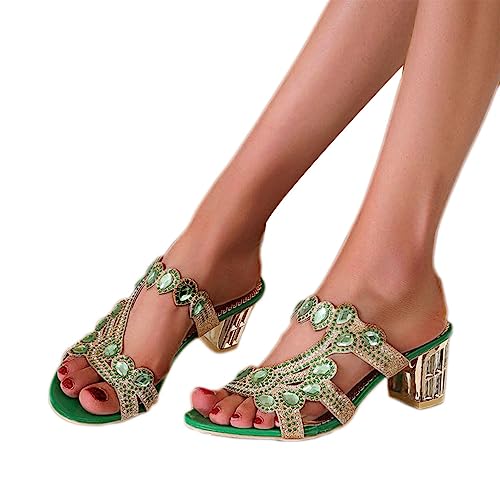 ticticlily Damen Sandalen mit Absatz Strass Glitzer Hausschuhe Slip On Keilsandalen Slippers Sandalette mit Blockabsatz Plattform Pumps Retro Plateau Schuhe Sommer Strandschuhe B Grün 38 von ticticlily