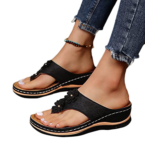 ticticlily Damen Sandalen mit Keilabsatz Sommer Wedge Peep Toe Hausschuhe Aushöhlen Flip Flop Freizeit Keilsandalen Vintage Plateau Sandaletten A Schwarz 41 EU von ticticlily