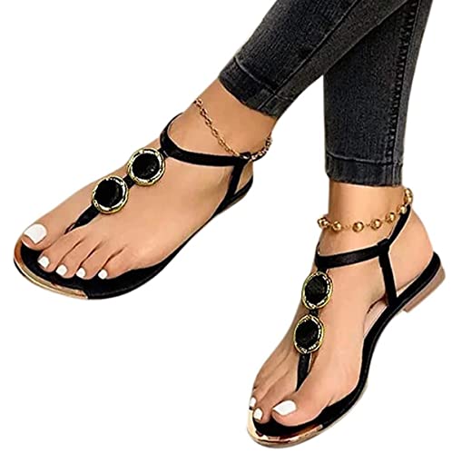 ticticlily Damen Sandalen mit Riemchen Strass Glitzer Zehentrenner Glänzend Sandaletten Boho Flache Flip Flop Sandaletten T-Riemen Strand Schuhe A Schwarz 38 EU von ticticlily