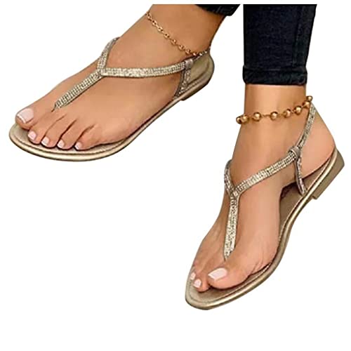 ticticlily Damen Sandalen mit Riemchen Strass Glitzer Zehentrenner Glänzend Sandaletten Boho Flache Flip Flop Sandaletten T-Riemen Strand Schuhe B Gold 35 EU von ticticlily