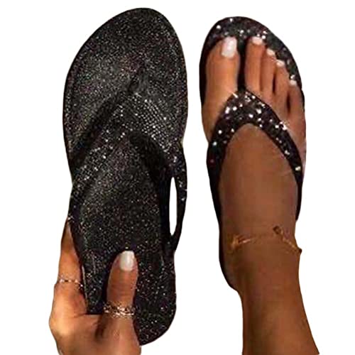 ticticlily Damen Sandalen mit Riemchen Strass Glitzer Zehentrenner Glänzend Sandaletten Flache T-Riemen Flip Flops Pantoletten A Schwarz 35 EU von ticticlily