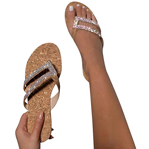 ticticlily Damen Sandalen mit Riemchen Strass Glitzer Zehentrenner Glänzend Sandaletten Flache T-Riemen Flip Flops Pantoletten B Khaki 38 EU von ticticlily