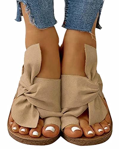 ticticlily Damen Sandalen mit Schleife Zehentrenner Bequeme Flache Hausschuhe Sommer Flip Flops Slipper Strandsandalen Sommerschuhe Pantoletten Open Toe Slides A Khaki 37 EU von ticticlily