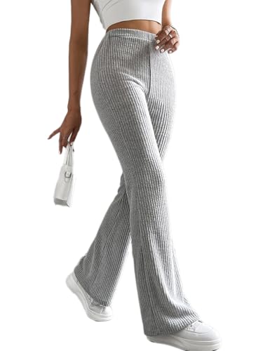 ticticlily Damen Schlaghose Stretch Yoga Sport Jazz Danza Jogginghose Gerippte Rippenstrick Bootcut Freizeithose Winter Herbst A Hellgrau S von ticticlily