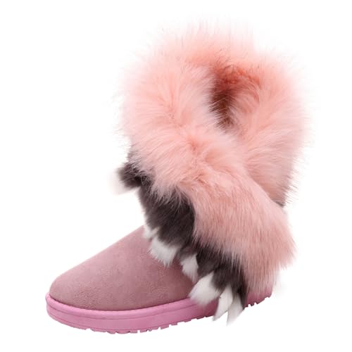 ticticlily Damen Schneestiefel Winterstiefel Leder Boots Kurzschaft Schlupfstiefel mit Fell B Rosa 37 EU von ticticlily