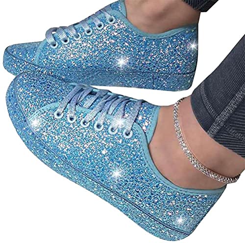 ticticlily Damen Schuhe Mode Strass Pailletten Beiläufig Sport Outdoor Leichtgewichts Laufschuhe Schnürsenkel Walkingschuhe Wanderschuhe A Blau 38 EU von ticticlily