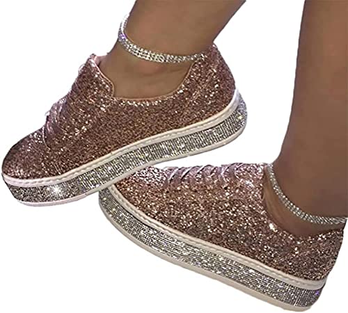 ticticlily Damen Schuhe Mode Strass Pailletten Beiläufig Sport Outdoor Leichtgewichts Laufschuhe Schnürsenkel Walkingschuhe Wanderschuhe B Rosa 38 EU von ticticlily