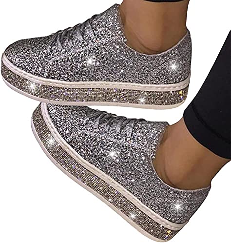 ticticlily Damen Schuhe Mode Strass Pailletten Beiläufig Sport Outdoor Leichtgewichts Laufschuhe Schnürsenkel Walkingschuhe Wanderschuhe B Silber 41 EU von ticticlily