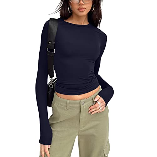 ticticlily Damen Sexy Langarm Oberteil Langarmshirt Crop Shirt Freizeit Rundhals Crop Tops für Herbst Winter B Dunkelblau M von ticticlily