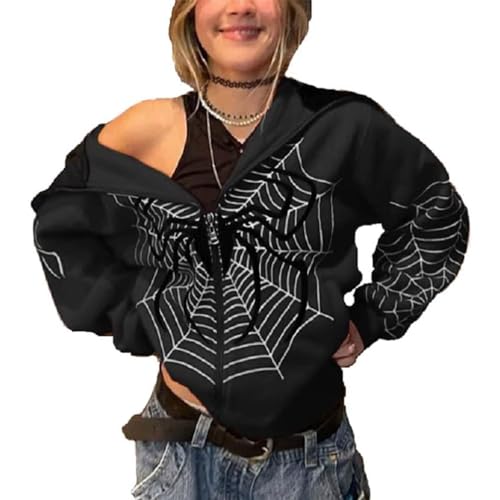 ticticlily Damen Skeleton Zip Up Hoodies E-Girl Top Y2K Goth Graphics Langarm Sweatshirt Harajuku Oversized Jacke für Paare Druck Pullover mit Kapuze A Schwarz XL von ticticlily