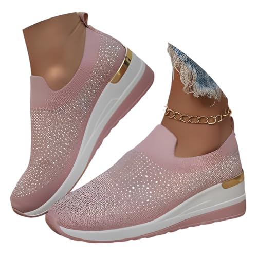 ticticlily Damen Sneakers Glitzer Slip On Sportschuhe Laufschuhe Freizeitschuhe mit Keilabsatz A Rosa 38 EU von ticticlily