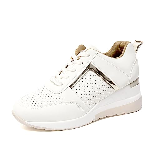 ticticlily Damen Sneakers mit Keilabsatz Sportschuhe Laufschuhe Wedges Turnschuh Atmungsaktiv Bequeme Mesh Freizeitschuhe A Weiß 35 EU von ticticlily