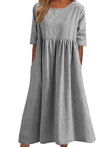 ticticlily Damen Sommekleider Leinen Baumwolle Kleid Kurzarm Rundhals Casual Lose Strand Boho Kleider Freizeitkleider T-Shirts Tunika Kleider Midikleid Maxikleid Jumpsuitkleid B Hellgrau 3XL von ticticlily