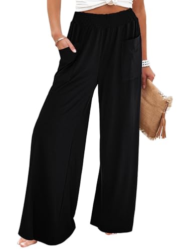 ticticlily Damen Sommer Hose Leichte Luftig Stoffhose Lang Weite Bein Lässige Strandhose Freizeithose Palazzo Harem Hosen A Schwarz XL von ticticlily