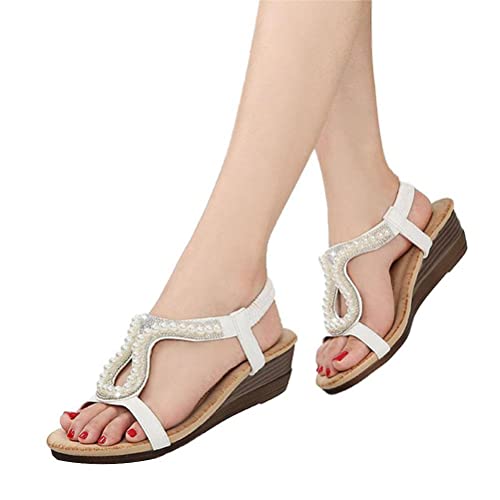 ticticlily Damen Sommer Sandalen mit Strass Perlen Boho Strand Schuhe Freizeit Flach Peep Toe Sandalette B Weiß 41 EU von ticticlily