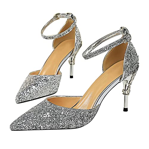 ticticlily Damen Spitze Pumps mit Pfennigabsatz Strass B Silber 38 EU von ticticlily