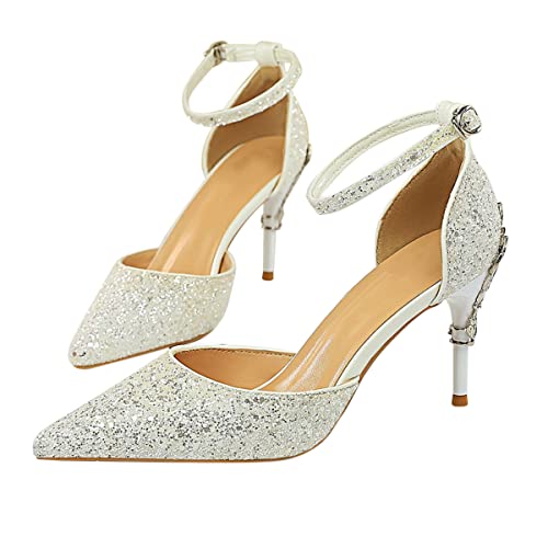 ticticlily Damen Spitze Pumps mit Pfennigabsatz Strass B Weiß 39 EU von ticticlily