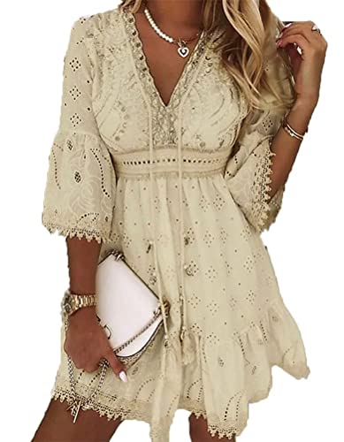 ticticlily Damen Spitzen Sommerkleid Kurz Kleid V-Ausschnitt 3/4-Arm Sommer Boho Strandkleid A-Linie Kleid A Beige M von ticticlily