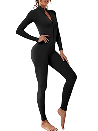 ticticlily Damen Sport Jumpsuit Lang Eng Yoga Bodysuit Overall Stretch Langarm Bodycon Strampler Sportanzug Einteiler Hosenanzug Trainingsanzug Workout Gerippte Overall Einteiligem A Schwarz S von ticticlily