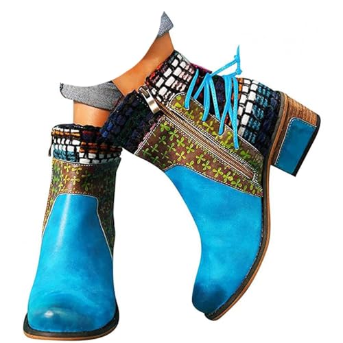 ticticlily Damen Stiefel Herbst Winter Kurze Stiefel Retro Runde Zehenpartie Low Heel Schnürstiefel Reißverschluss Stiefeletten Winterstiefeletten Blau 38 EU von ticticlily