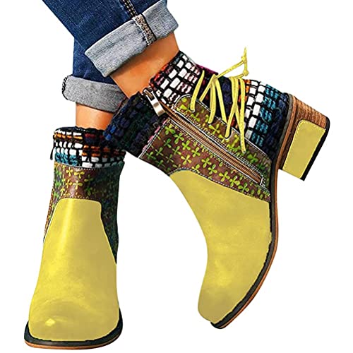 ticticlily Damen Stiefel Herbst Winter Kurze Stiefel Retro Runde Zehenpartie Low Heel Schnürstiefel Reißverschluss Stiefeletten Winterstiefeletten Gelb 43 EU von ticticlily