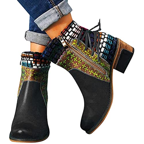ticticlily Damen Stiefel Herbst Winter Kurze Stiefel Retro Runde Zehenpartie Low Heel Schnürstiefel Reißverschluss Stiefeletten Winterstiefeletten Schwarz 42 EU von ticticlily