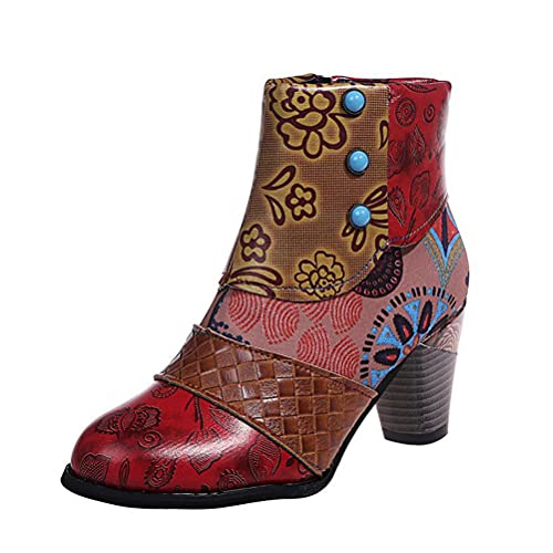 ticticlily Damen Stiefel Herbst Winter Retro Klassischer Boho Gestickt Bunte Druck Blume Blockabsatz Schlupfstiefel Kurze Stiefel A Khaki 36 EU von ticticlily