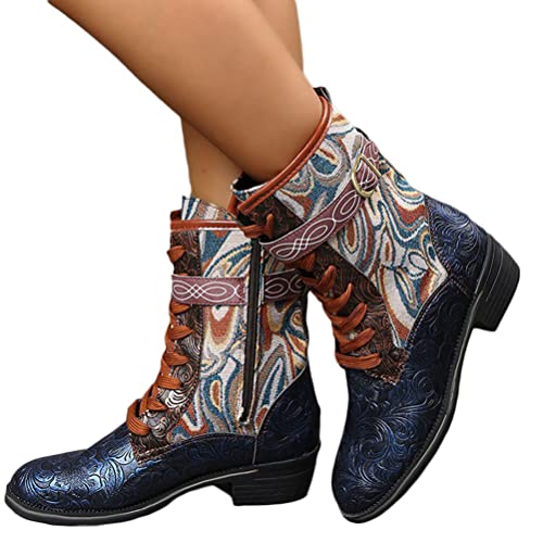 ticticlily Damen Stiefel Herbst Winter Retro Runde Zehenplattform Ankle Boots Reißverschluss Zurück Schnürung Knöchel Schuhe Stiefel mit Dickem Absatz B Blau 37 EU von ticticlily