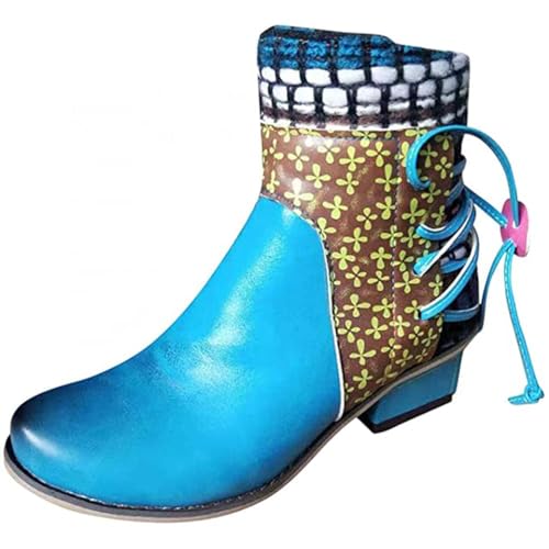 ticticlily Damen Stiefel Herbst Winter Retro Runde Zehenplattform Ankle Boots Zurück Schnürung Knöchel Schuhe Stiefel mit Dickem Absatz Blau 40 EU von ticticlily