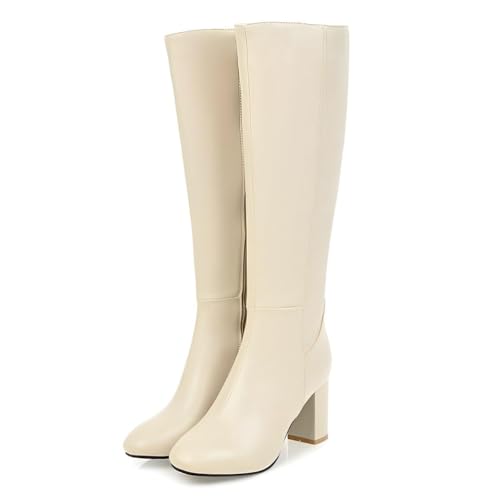 ticticlily Damen Stiefel High Heels Blockabsatz Boots Reißverschluss Chunky Heel Langschaftstiefel Winter Schuhe A Beige 34 EU von ticticlily