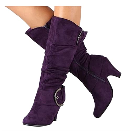 ticticlily Damen Stiefel Lässige Warme Gefüttert Reißverschluss Winter Langschaft Boots Reitstiefel Niedrige Lange Stiefel mit Absatz Beiläufige Winterschuhe Violett 40 EU von ticticlily