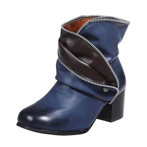 ticticlily Damen Stiefel Runder Zehenpartie Blockabsatz Stiefeletten Mode Bequeme Leder Winterstiefel Warme Tragbar Ankle Boots Outdoor Slip on Stiefel Hoher Absatz Blau 40 EU von ticticlily