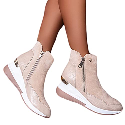 ticticlily Damen Stiefel Schrägabsatz Flache Stiefeletten Ankle Boots Retro Schuhe Flache Unterseite Kurze Stiefel Wildlederstiefel Mode Herbst Winter Beige 39 EU von ticticlily