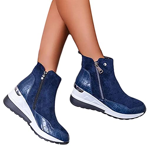 ticticlily Damen Stiefel Schrägabsatz Flache Stiefeletten Ankle Boots Retro Schuhe Flache Unterseite Kurze Stiefel Wildlederstiefel Mode Herbst Winter Blau 38 EU von ticticlily