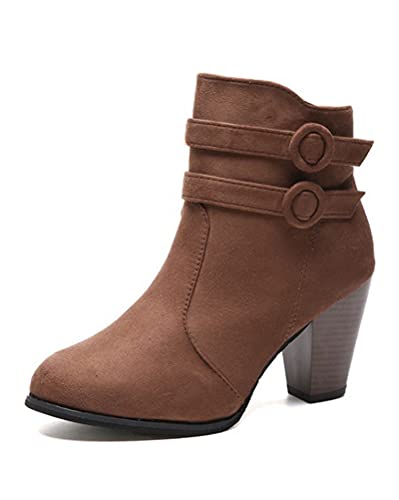 ticticlily Damen Stiefel mit Schnallen Stiefeletten Veloursleder Blockabsatz Damenschuhe Winterschuhe Halbstiefel Braun 42 EU von ticticlily