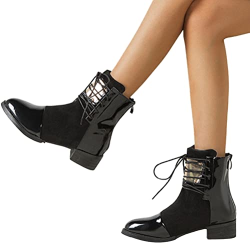 ticticlily Damen Stiefeletten Blockabsatz Flache Stiefel Herbst Frauen Spitze Zehe Schuhe Reißverschluss Schnürstiefel Winterstiefel A Schwarz 38 EU von ticticlily